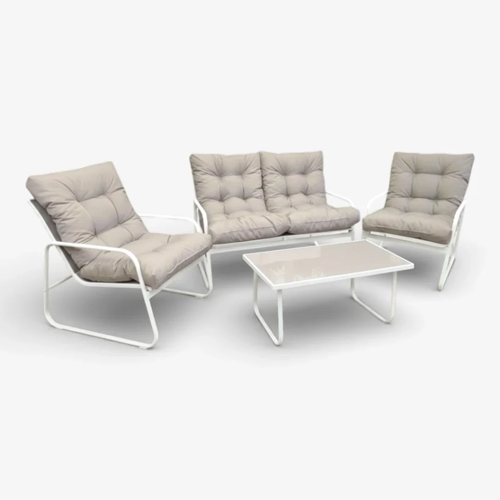 סט ריהוט גינה דגם מיקונוס פרימיום ברזל לבן - ריפוד אפור בהיר